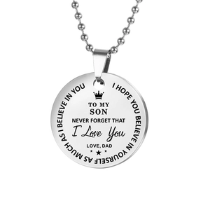 Stainless steel son necklace with silver round pendant and inspirational engraving