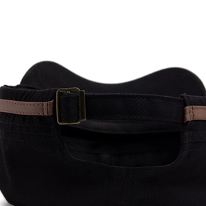 Flat top military cap in black cotton with brown leather strap and bronze buckle back