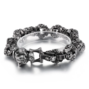 Vintage punk leopard head bracelet with carved skull links in durable titanium steel