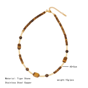 Detailed view of tiger stone beaded necklace with stainless steel beads and size specs