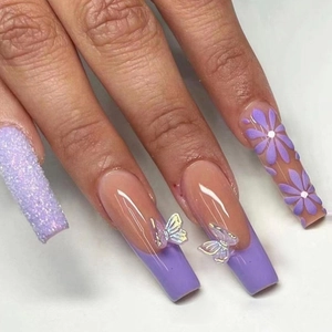 Press On Nails Long Coffin Ballerina Lavender Purple French Tip With 3D Butterfly Flower Glitter Sweet Glossy False Nails