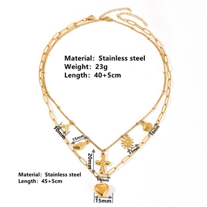 Double-layered gold stainless steel necklace with heart, cross, and seashell charms