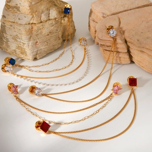 Catena spilla dorata con cristalli colorati e perle per colletto di camicia donna