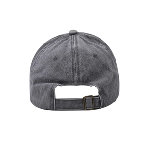 Close-up of the vintage washed cotton baseball cap with adjustable metal buckle at back