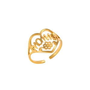 Adjustable gold stainless steel MOM ring with heart and floral design for women