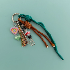 Pink heart macaron woven knot keychain with rhinestones and tassels for women bags