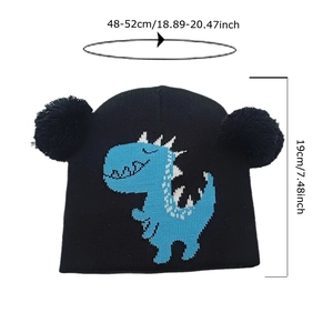 Berretto in maglia nero per bambini con dinosauro blu e pompon per l'autunno-inverno