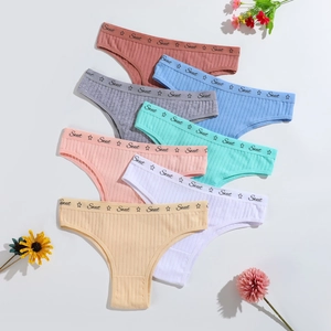 Multi-colored cotton ribbed women's panties set in seven pastel shades on white background