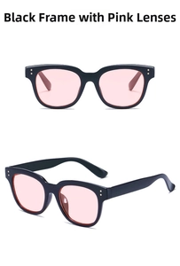 Classic black frame sunglasses with pink lenses and silver rivet details on the front