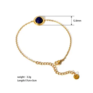 Detail of 14K gold plated stainless steel bracelet with 12.8mm blue stone and lobster clasp