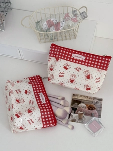 Cute cherry and bear print waterproof PVC makeup bag in red and white checkered pattern