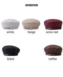 Detailed color display of PU leather berets with silver metal chains in five classic shades