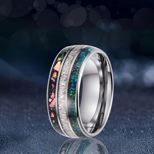 Men Tungsten Steel Ring Inlaid With Synthetic Opal And Meteorite Texture Band Polished Modern Luxury Finger Jewelry