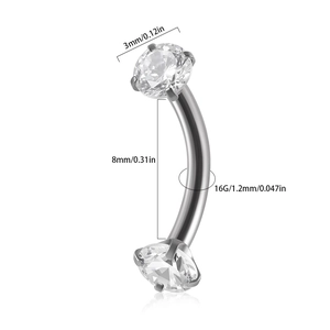 Polished stainless steel curved barbell eyebrow ring with 3mm round cubic zirconia gems