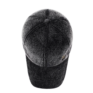 Winter men's faux fur baseball cap in dark grey with warm ear protection and metal logo