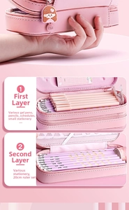 Detail showing high-capacity layered pink pencil case storing a 20cm ruler and pens
