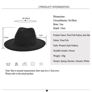 Black fedora hat with leopard print brim underside and detailed size chart and dimensions