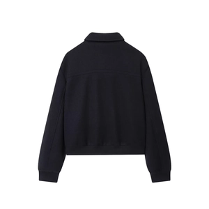 Vue arrière veste en laine minimaliste avec col à revers et poignets côtelés marine
