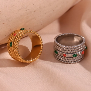 Bohemian Vintage Stainless Steel Ring 18K Gold Plated Natural Stone Dotted Band Ring For Women Fashion Jewelry Accessory