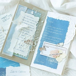 Vintage DIY scrapbooking paper kit with blue and beige aesthetic decorative stickers