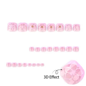 Classic French press-on toenails with 3D floral designs and elegant gold accents