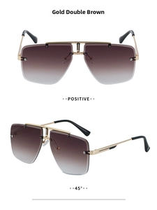 Detail view of rimless double-bridge pilot sunglasses with brown gradient lenses