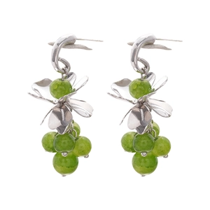 Silver flower earrings with green grape-shaped beads on a clean white background