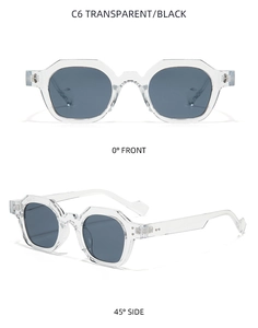 Detailed views of polygon sunglasses with transparent frames and black lenses in C6 style