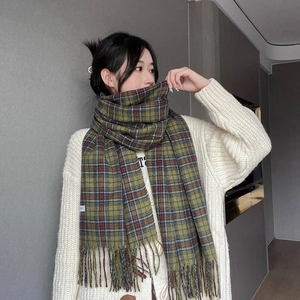 Women's green and brown plaid faux cashmere scarf with tassels for winter warmth