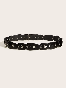 Detail of star-studded black leather belt with metal ring link design and rivets