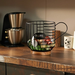 Nordic iron coffee capsule storage basket with a wooden base and hollow metal coffee text
