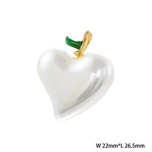 Elegant heart-shaped shell pearl pendant with golden stem and green leaf detail 22x26mm
