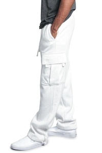 Detail of white cargo pants featuring large side pockets and adjustable drawstring hem