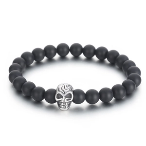 Natural agate tiger eye stone beaded bracelet with silver skull charm and elastic cord