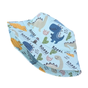 Light blue kids bucket hat with colorful dinosaur prints and Roar text design