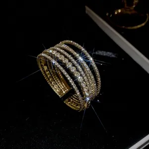 Luxurious gold-plated multi-layer open ring featuring sparkling geometric rhinestones