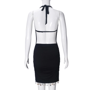 Back view of a sexy black halter dress with backless design and sequin fringe hem