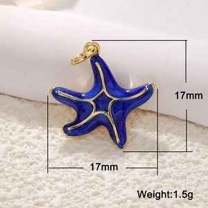 Detail view of a 17mm blue enamel starfish pendant with 14k gold plating for DIY jewelry