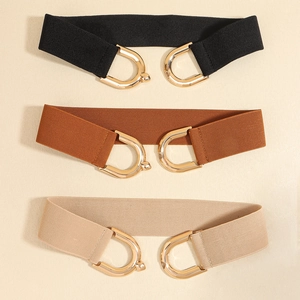 Set of 3 elastic waist belts in black, brown, and beige with golden interlocking buckles