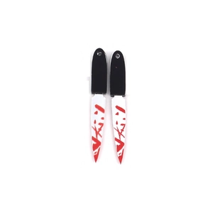 Detailed view of acrylic Halloween pendants featuring blood-stained knife and dagger designs