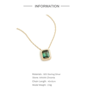 S925 sterling silver necklace featuring a rectangular green zircon pendant on a gold chain