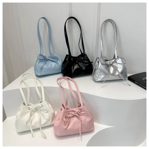 Borsa a Tracolla a Secchiello con Fiocco e Coulisse da Donna Pelle PU Tinta Unita Piccola Tote Bag per Pendolari