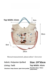 Detailed size chart for the quilted cartoon crossbody bag showing all dimensions and materials