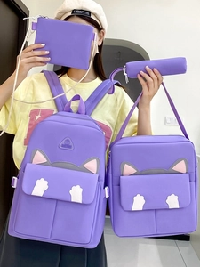 Purple 4-piece school backpack set with cute cat ears and crossbody bag for students