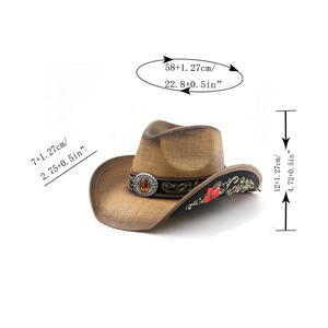 Detailed size specifications of cowboy straw hat with flower embroidery and gemstone