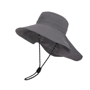 Dark grey wide brim sun hat with neck protection and windproof cord for outdoor use