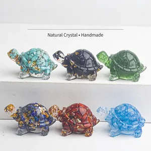 Crystal Gemstone Turtle Figurine Resin Tortoise Statue With Gold Foil Desktop Ornament Home Office Decoration Lucky Animal
