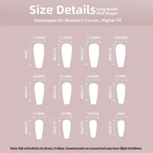 Size chart detail for long coffin press-on nails showing 12 sizes with measurements in MM