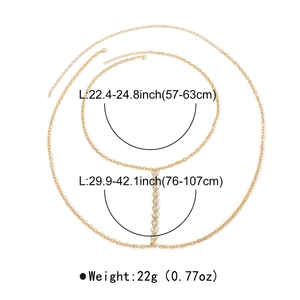 Detailed sizing chart for gold heart rhinestone body chain with length measurements
