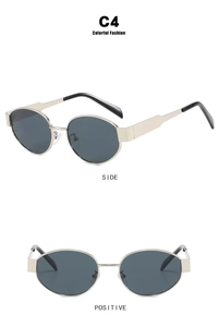 Front and side views of stylish oval metal sunglasses with green lenses and gold frames
